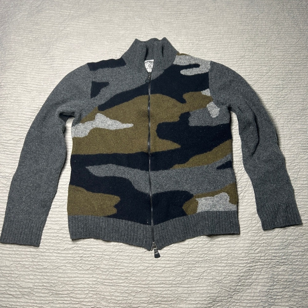 Express Boy's Lambswool Camo Full Zip Mock Neck Sweater Grey Green Large